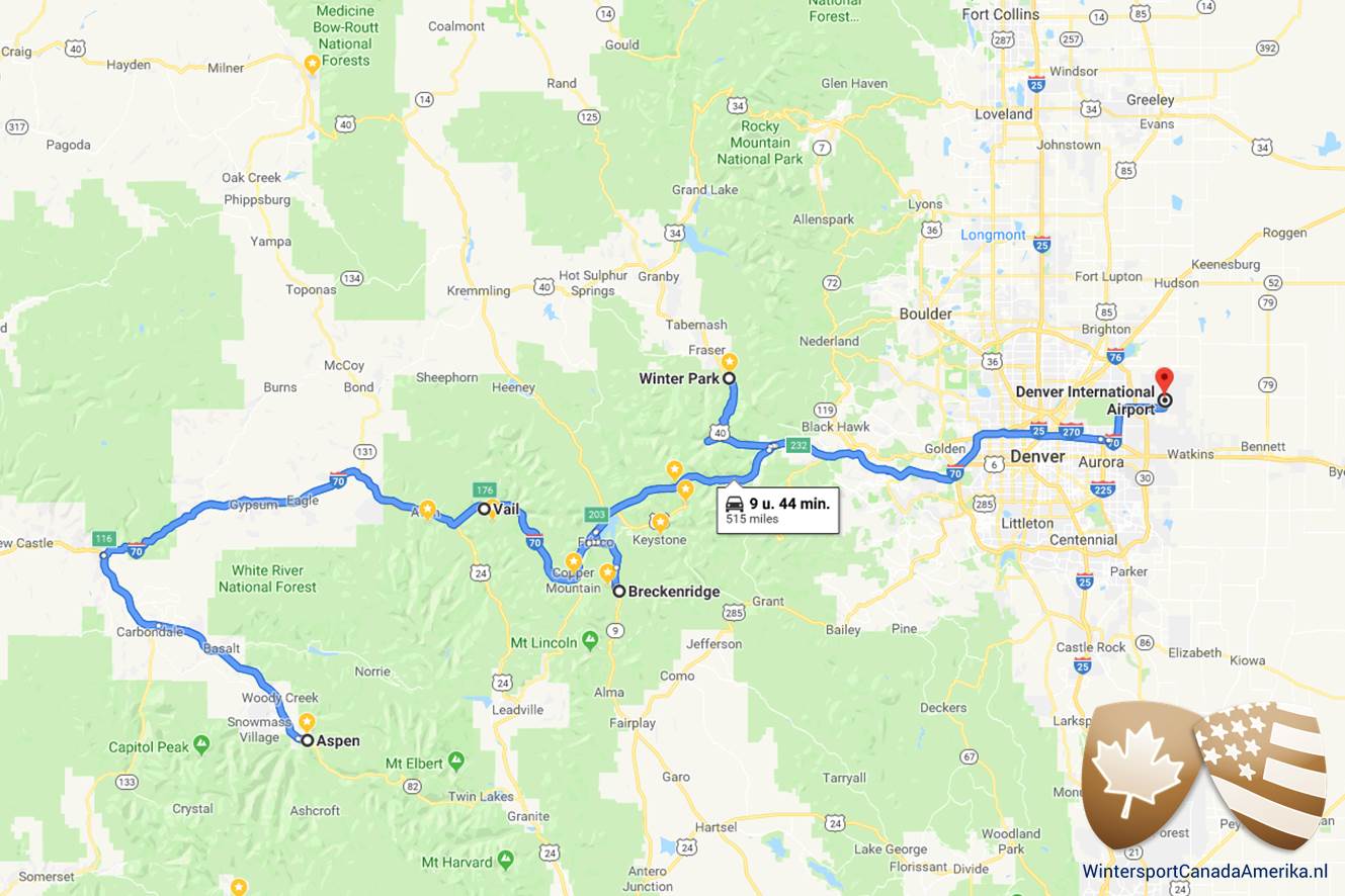 Route van de skisafari Colorado XL waarbij je naar Denver-Winterpark-Breckenridge-Vail-Aspen reist