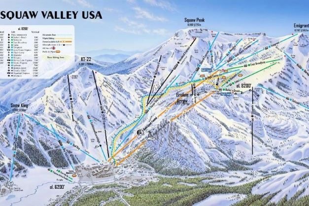 Preview pistekaart skigebied Palisades Tahoe, voorheen bekend als Squaw Valley Amerika