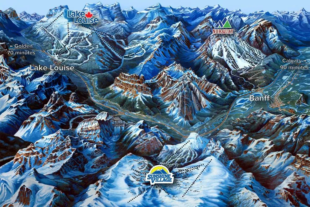 Op korte afstand van elkaar vind je de beide skigebieden van Banff en het skigebied van Lake Louise