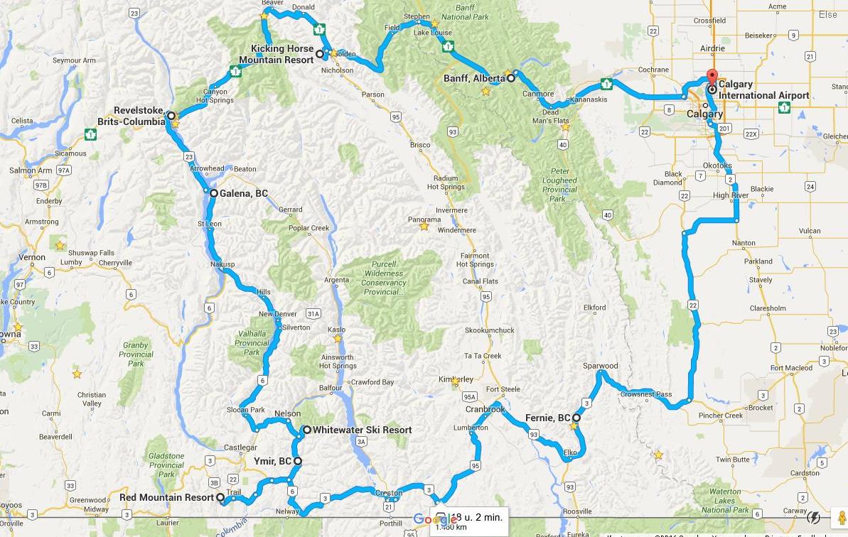 De route: Calgary – Fernie – Ymir – Revelstoke – Kicking Horse – Banff – Calgary