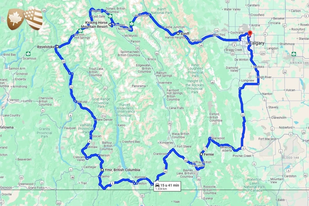 De route: Calgary – Fernie – Ymir – Revelstoke – Kicking Horse – Banff – Calgary