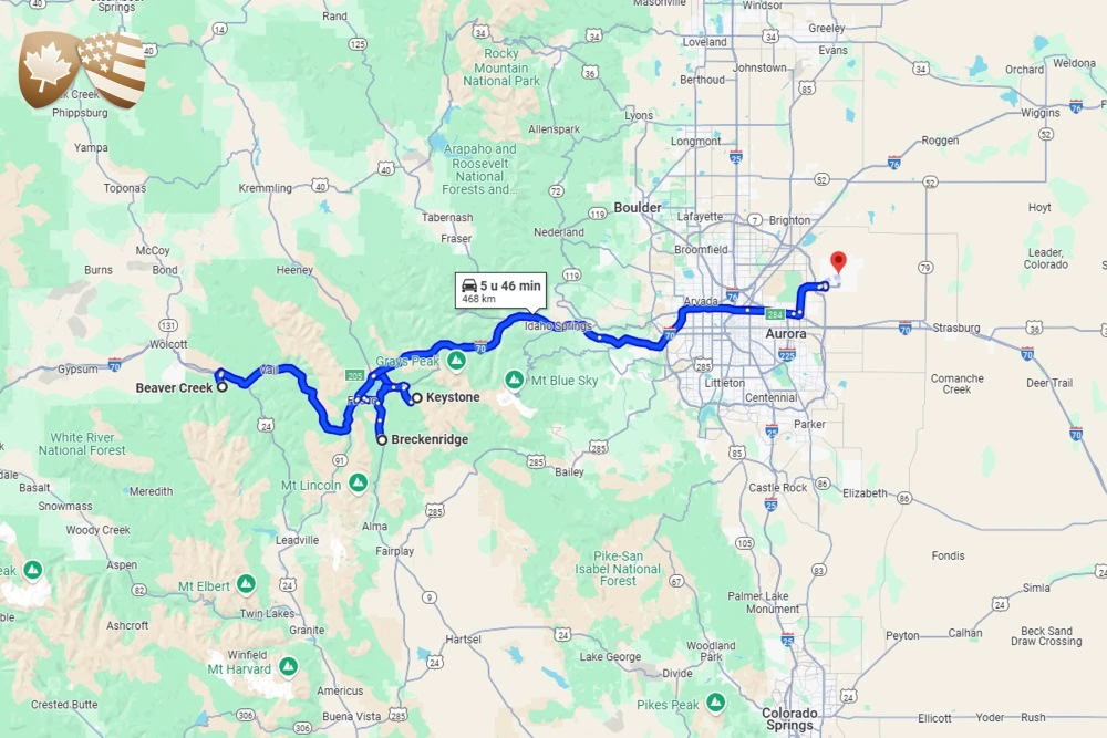 Dit is de route van de skisafari Charmant Colorado, je bezoekt o.a. Keystone en Beaver Creek.