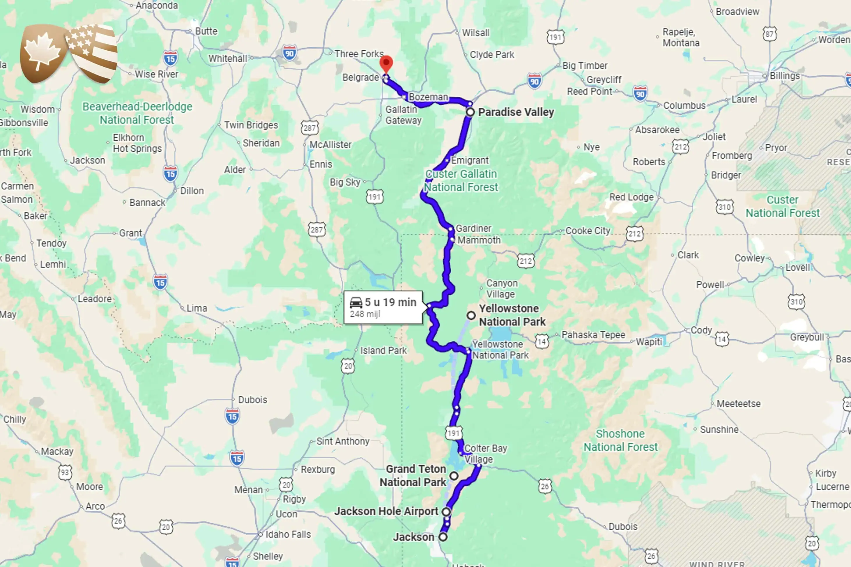 Dit is de route van skisafari Yellowstone en Jackson Hole, Amerika