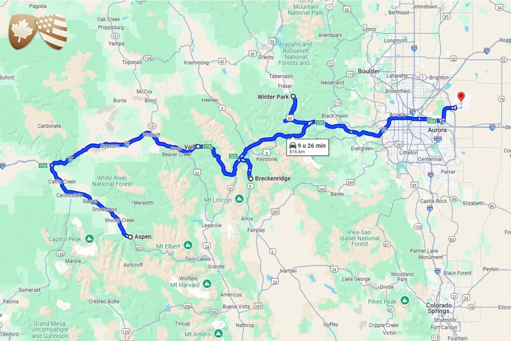 Route van de skisafari Colorado XL waarbij je naar Denver-Winterpark-Breckenridge-Vail-Aspen reist